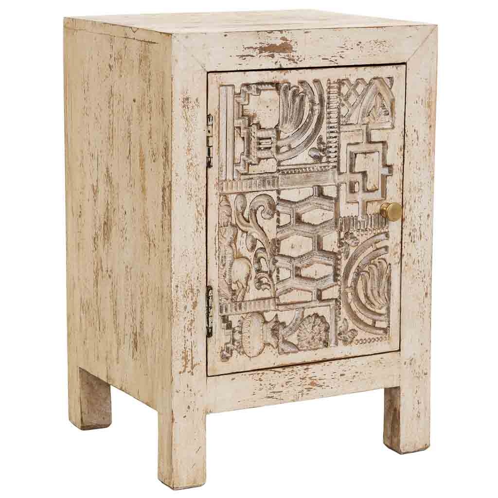 Table De Chevet Beige En Bois Sculpté À La Main, 40x35x60 Cm (h)