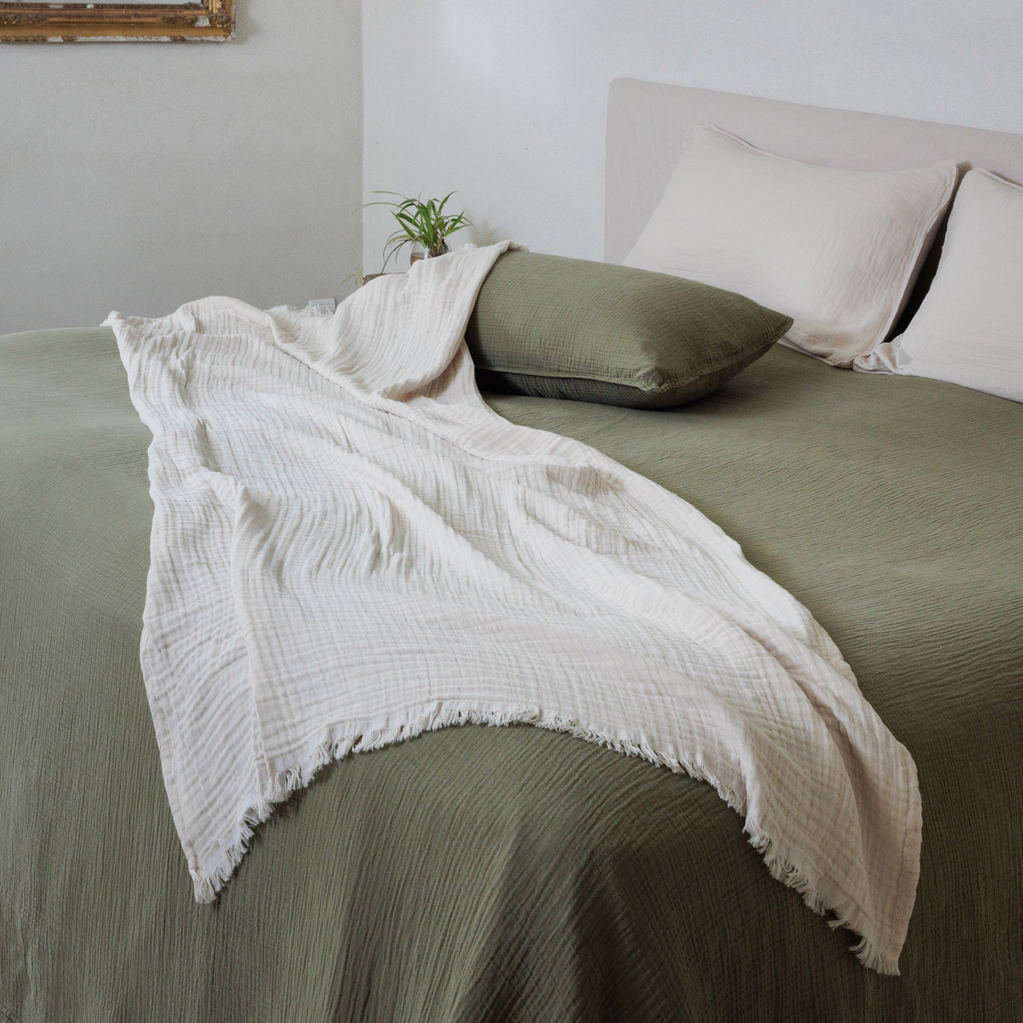 Plaid 180x240 Cm En Mousseline De Coton Collection Paros Vert Mousse