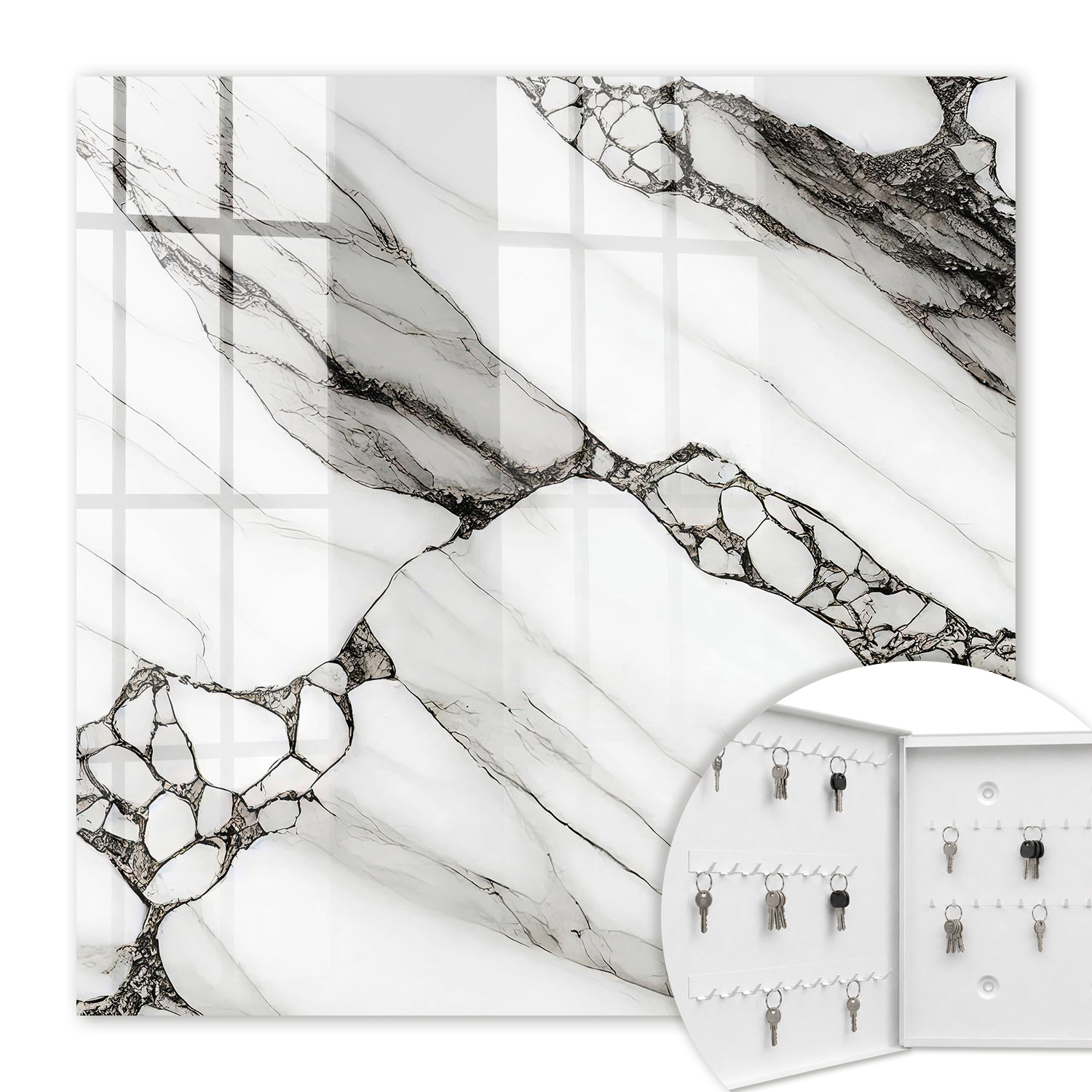 Armoire À Clés - (30 Cm X 30 Cm) - Boîte À Clés Murale - Coffret De Rangement Pour Clés - Couleur Blanche - Ouverture Vers La Gauche - Pour Maison Et Bureau - Motif Marbre