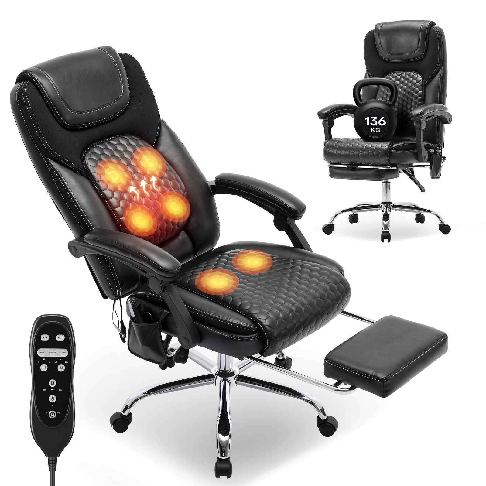 Chaise De Bureau Ergonomique, Massage 6 Points Avec Chauffage Lombaire 3 Niveaux, Inclinaison 94-125° Réglable Avec Repose-pieds