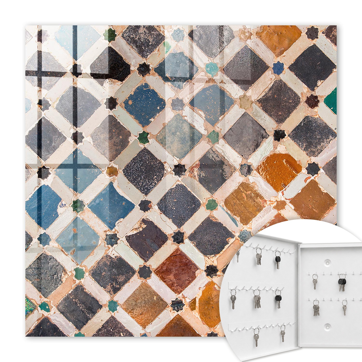 Armoire À Clés - (30 Cm X 30 Cm) - Boîte À Clés Murale - Coffret De Rangement Pour Clés - Couleur Blanche - Ouverture Vers La Gauche - Pour Maison Et Bureau - Mosaïque Colorée