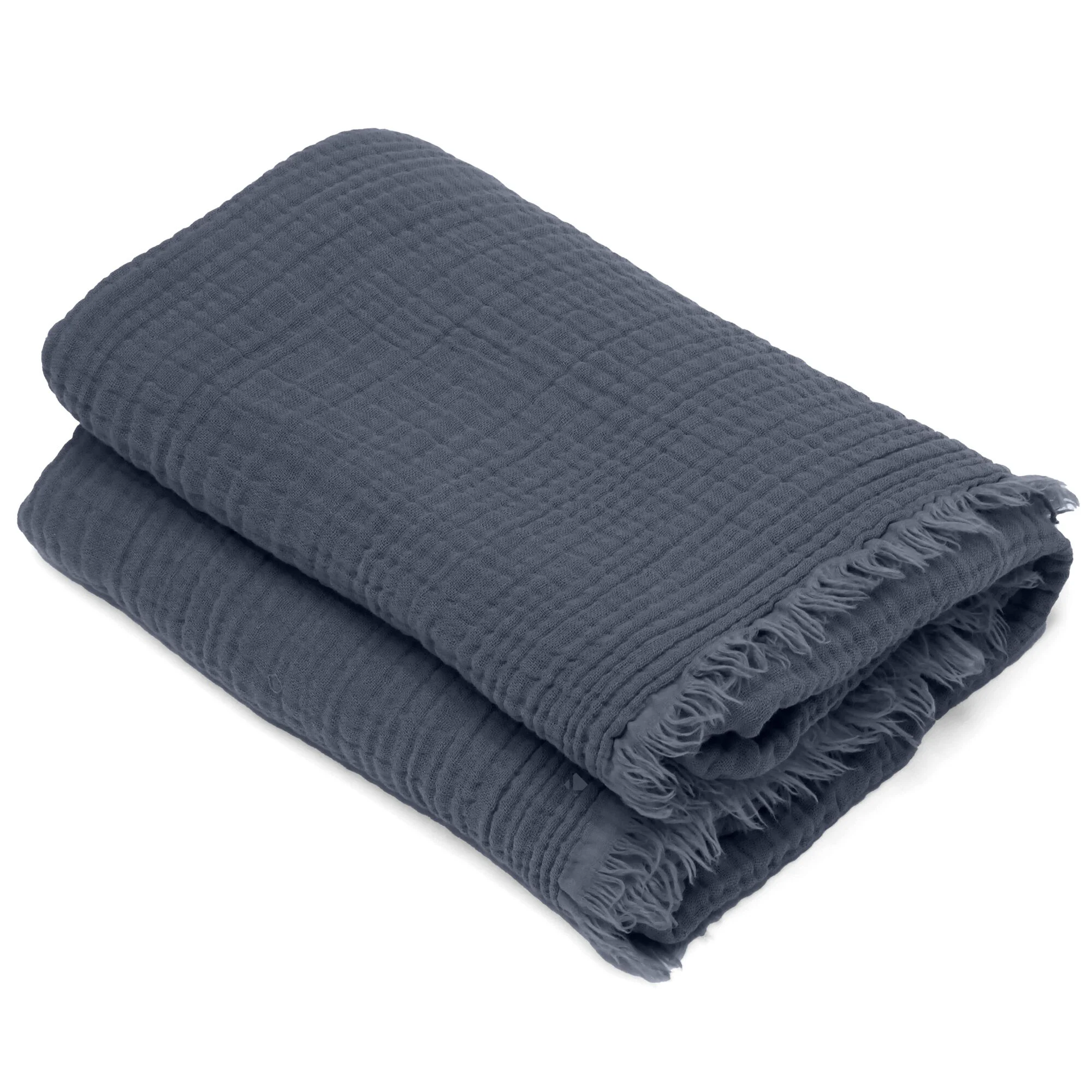 Drap De Plage 95x180 Cm Mousseline De Coton Collection Kea Avec Franges Bleu Lauze