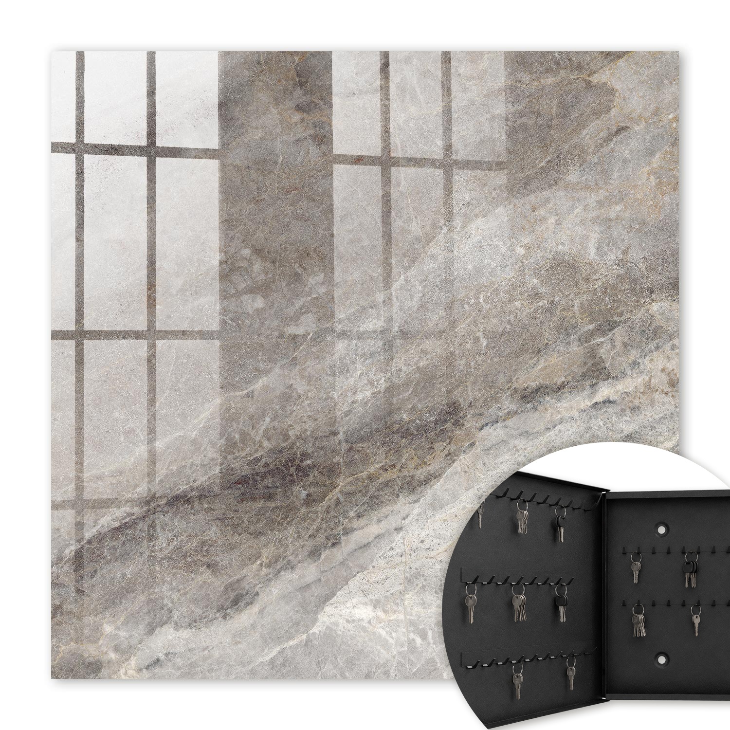 Armoire À Clés - (30 Cm X 30 Cm) - Boîte À Clés Murale - Coffret De Rangement Pour Clés - Couleur Noire - Ouverture Vers La Gauche - Pour Maison Et Bureau - Texture De Pierre