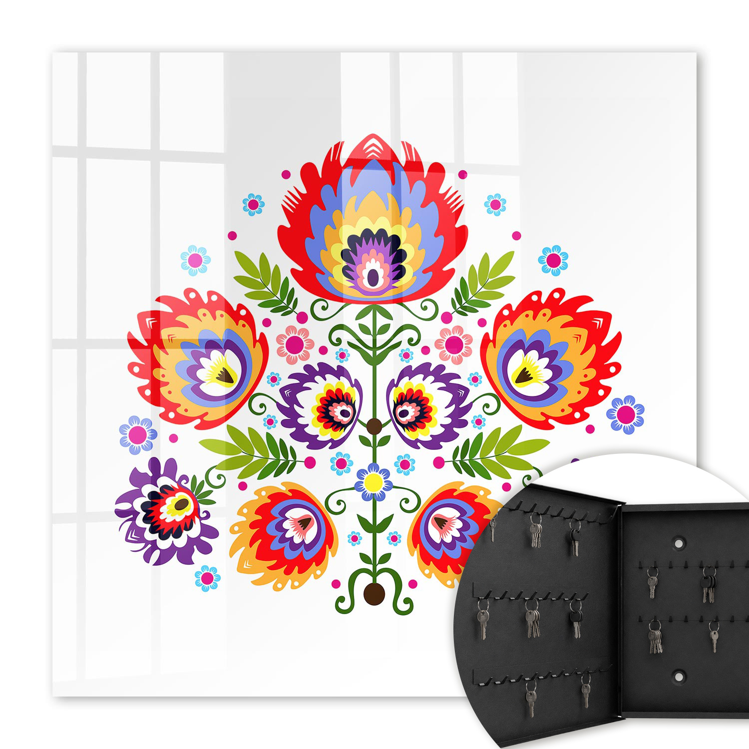 Armoire À Clés - (30 Cm X 30 Cm) - Boîte À Clés Murale - Coffret De Rangement Pour Clés - Couleur Noire - Ouverture Vers La Gauche - Pour Maison Et Bureau - Fleurs Folkloriques