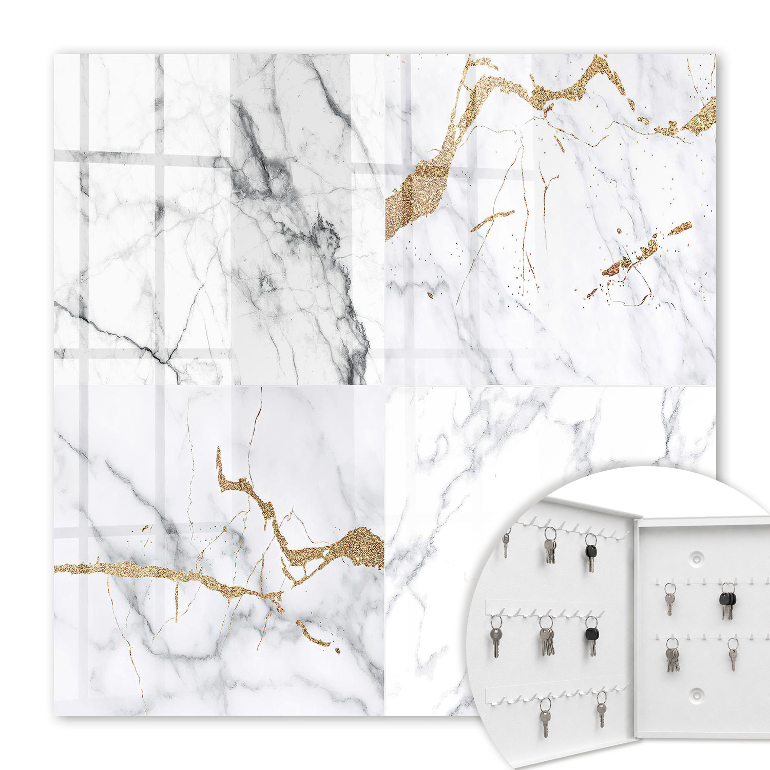 Armoire À Clés - (30 Cm X 30 Cm) - Boîte À Clés Murale - Coffret De Rangement Pour Clés - Couleur Blanche - Ouverture Vers La Gauche - Pour Maison Et Bureau - Motif Marbre