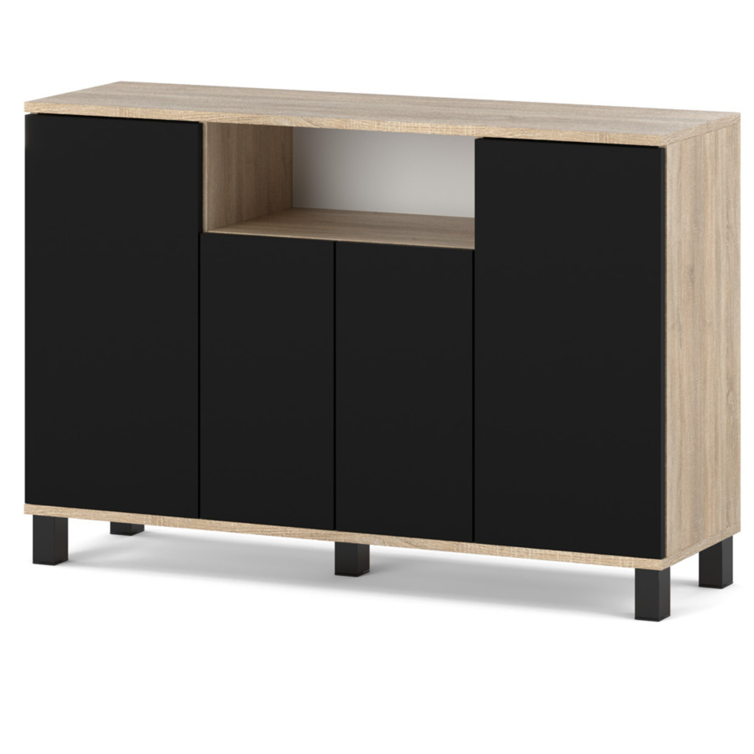 Commode Chêne Sonoma + Noir 120 Cm 4 Portes - Meuble Tv Moderne Pour Salon Et Chambre - Buffet De Rangement Design