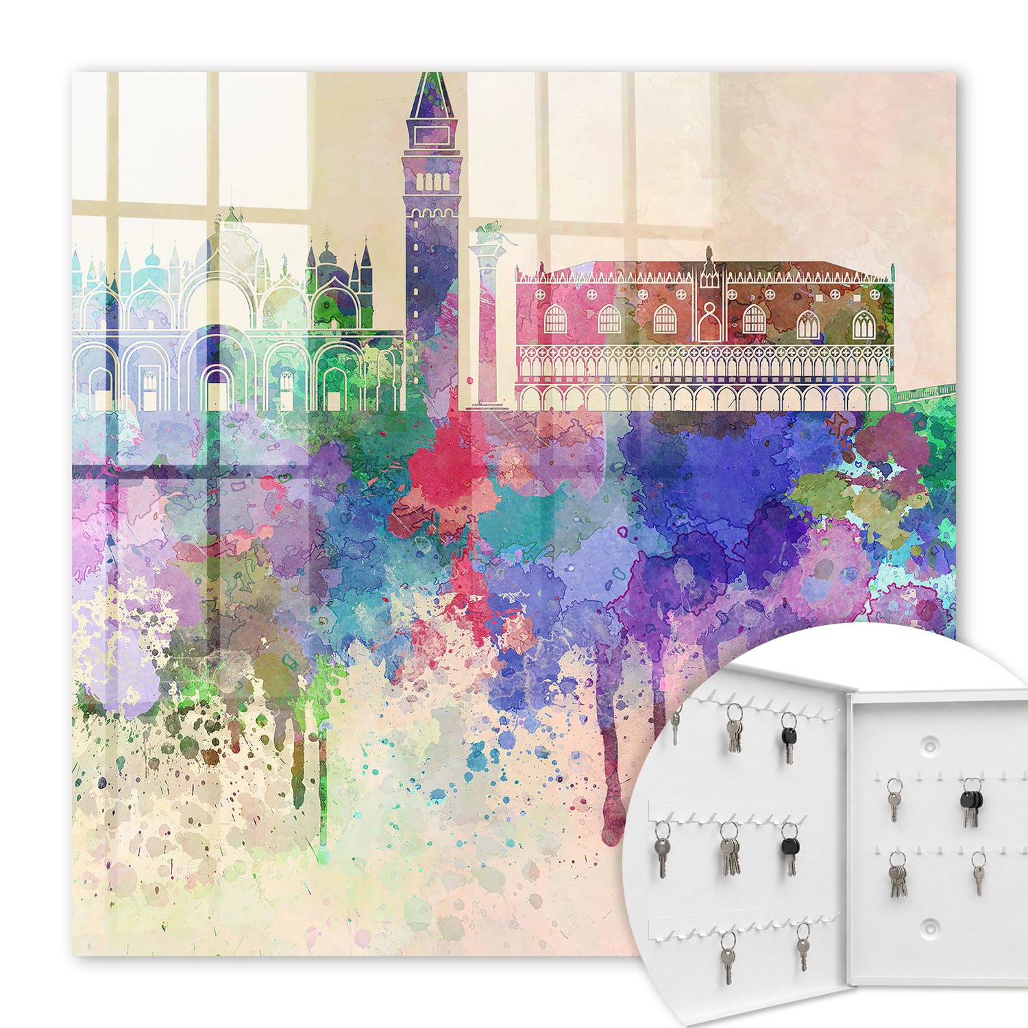 Armoire À Clés - (30 Cm X 30 Cm) - Boîte À Clés Murale - Coffret De Rangement Pour Clés - Couleur Blanche - Ouverture Vers La Gauche - Pour Maison Et Bureau - Aquarelle Urbaine