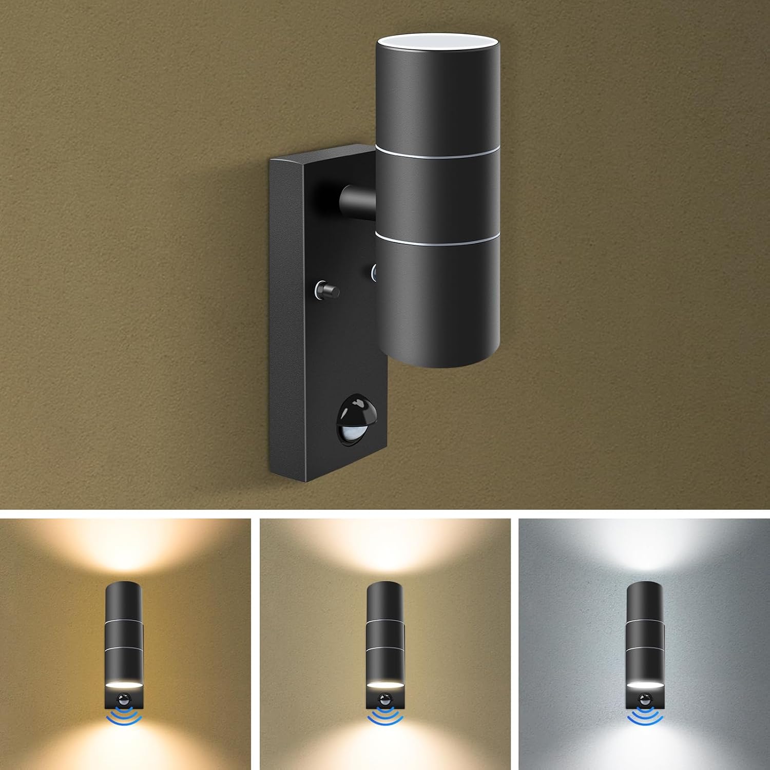 Applique Murale Extérieure, Lumière Haute Et Basse En Acier Inoxydable Avec Capteur De Mouvement Noir