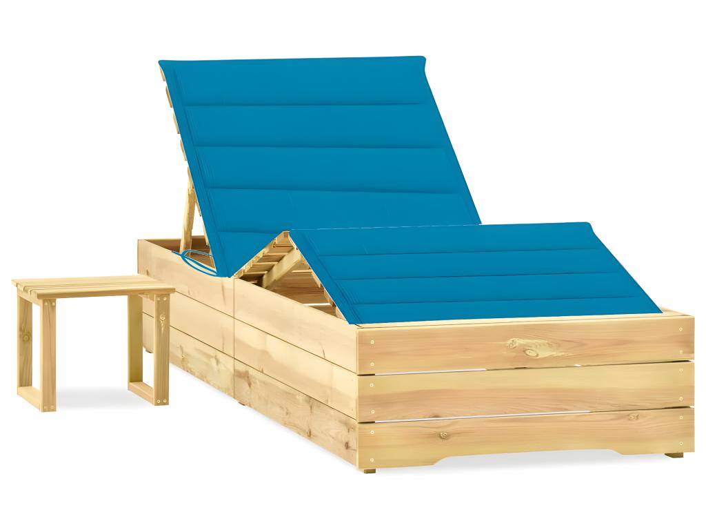 Transat Chaise Longue Bain De Soleil Lit De Jardin Terrasse Meuble D'extérieur 198 Cm Avec Table Et Coussin Pin Imprégné