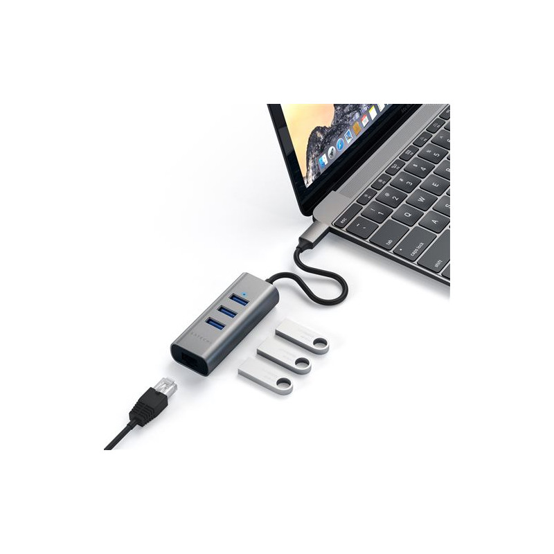 Adaptateur Satechi Usb C Avec Port Ethernet Rj45 + 3 Ports Usb Gris Sidéral