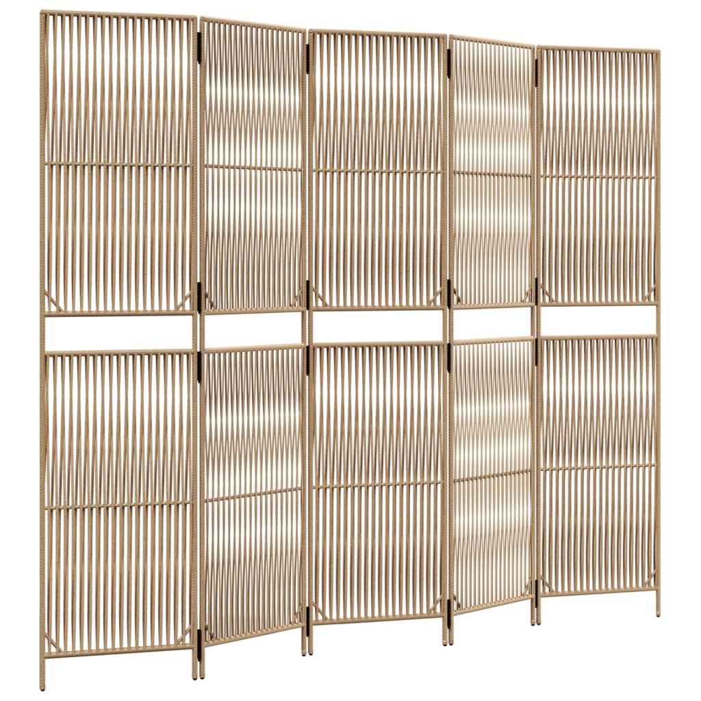 Paravent Séparateur De Pièce Cloison 5 Panneaux En Résine Tressée Beige Cadre En Acier Dec030939