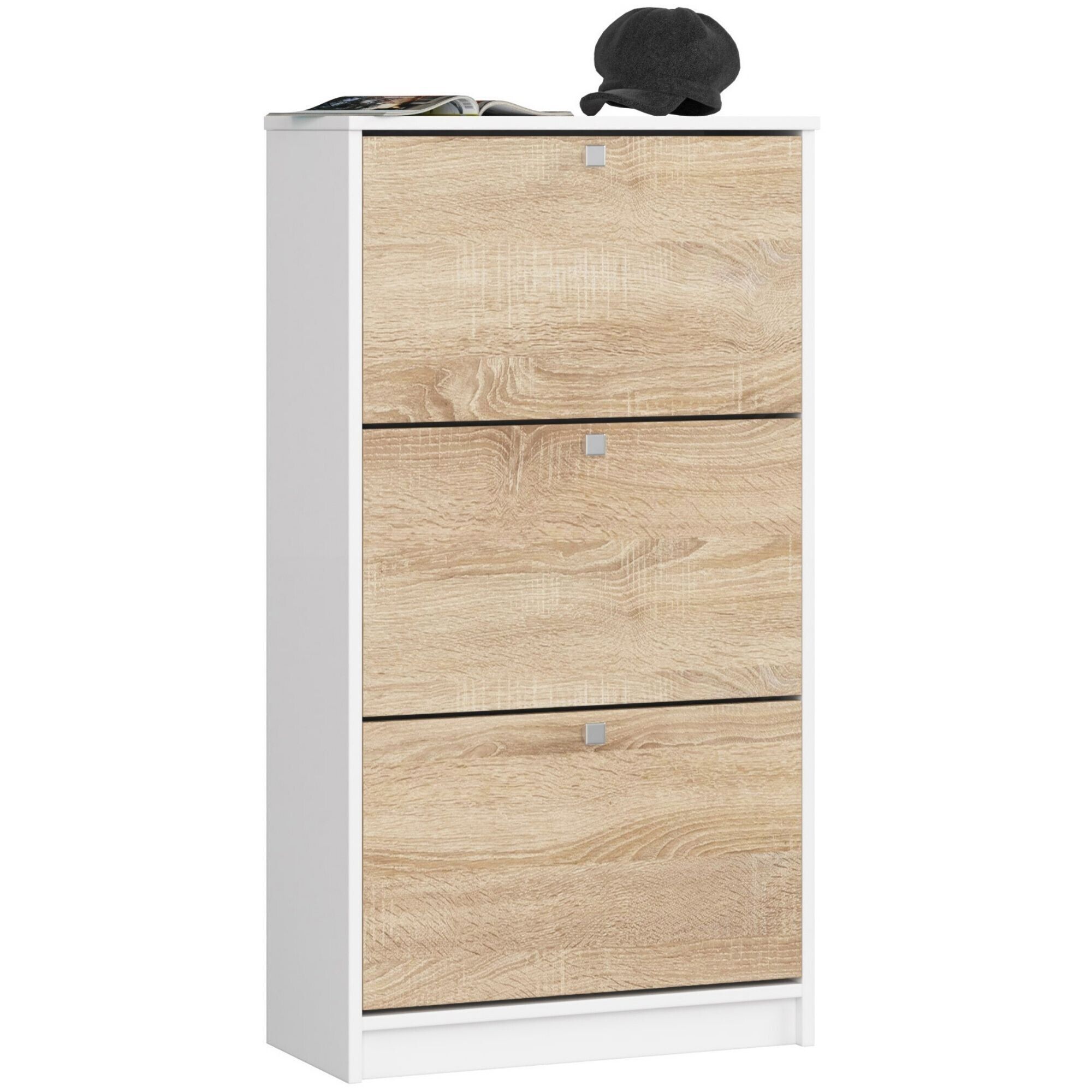 Meuble À Chaussures Akord Blanc 60 Cm 3 Portes Façade Chêne Sonoma 3 Étagères 60x28,5x113 Cm