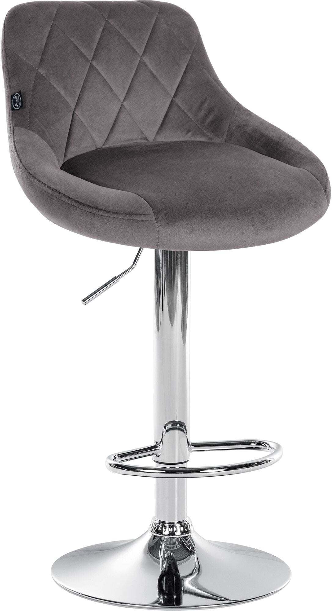 Tabouret De Bar En Velours Gris Coutures Décoratives Pivotant Support Métal Chromé Tdb10673