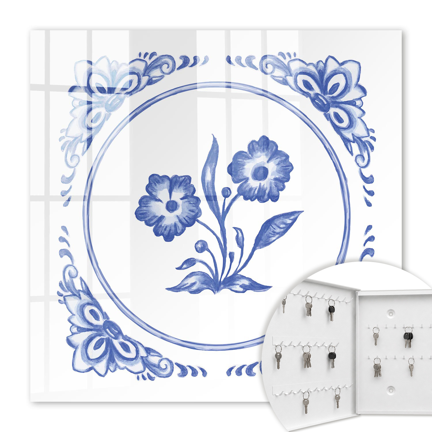 Armoire À Clés - (30 Cm X 30 Cm) - Boîte À Clés Murale - Coffret De Rangement Pour Clés - Couleur Blanche - Ouverture Vers La Gauche - Pour Maison Et Bureau - Fleurs Bleues