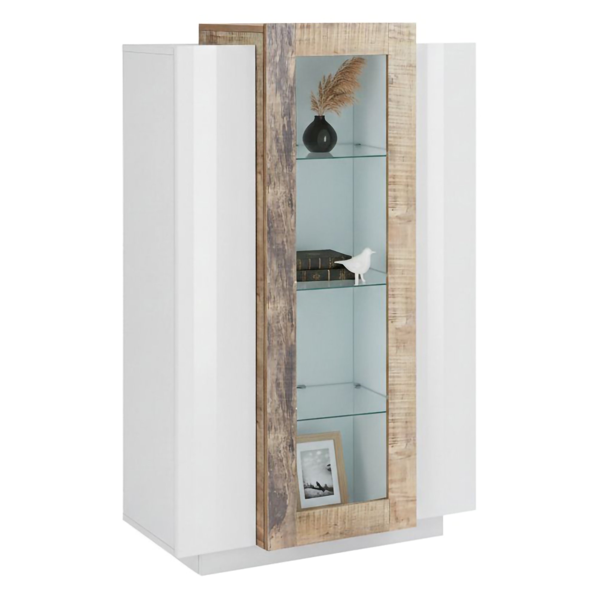 Vitrine, Effet Bois, Blanc Brillant, Érable, 80x38h121 Cm