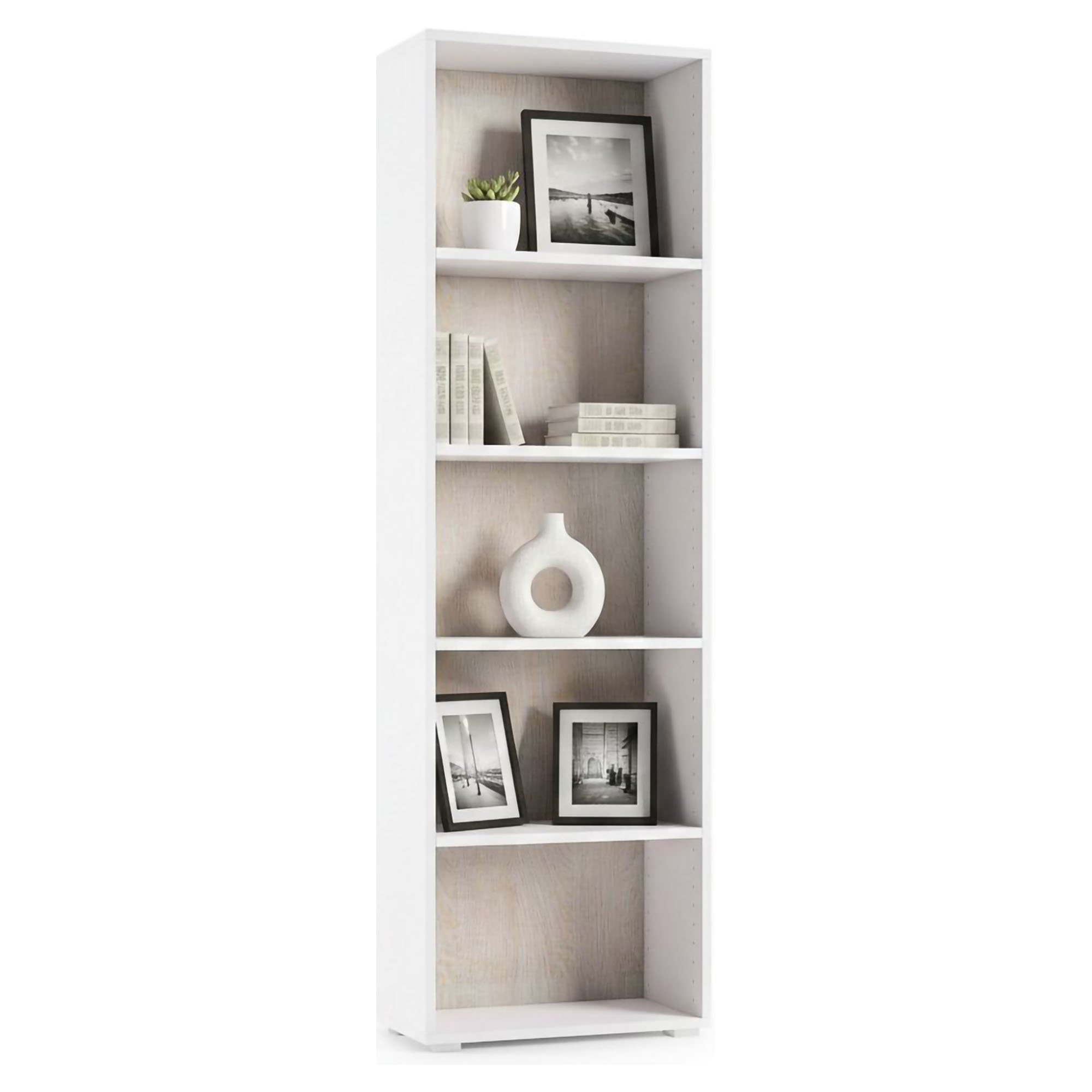 Bibliothèque, Effet Bois, Blanc, Chêne Clair, 60x30h195 Cm
