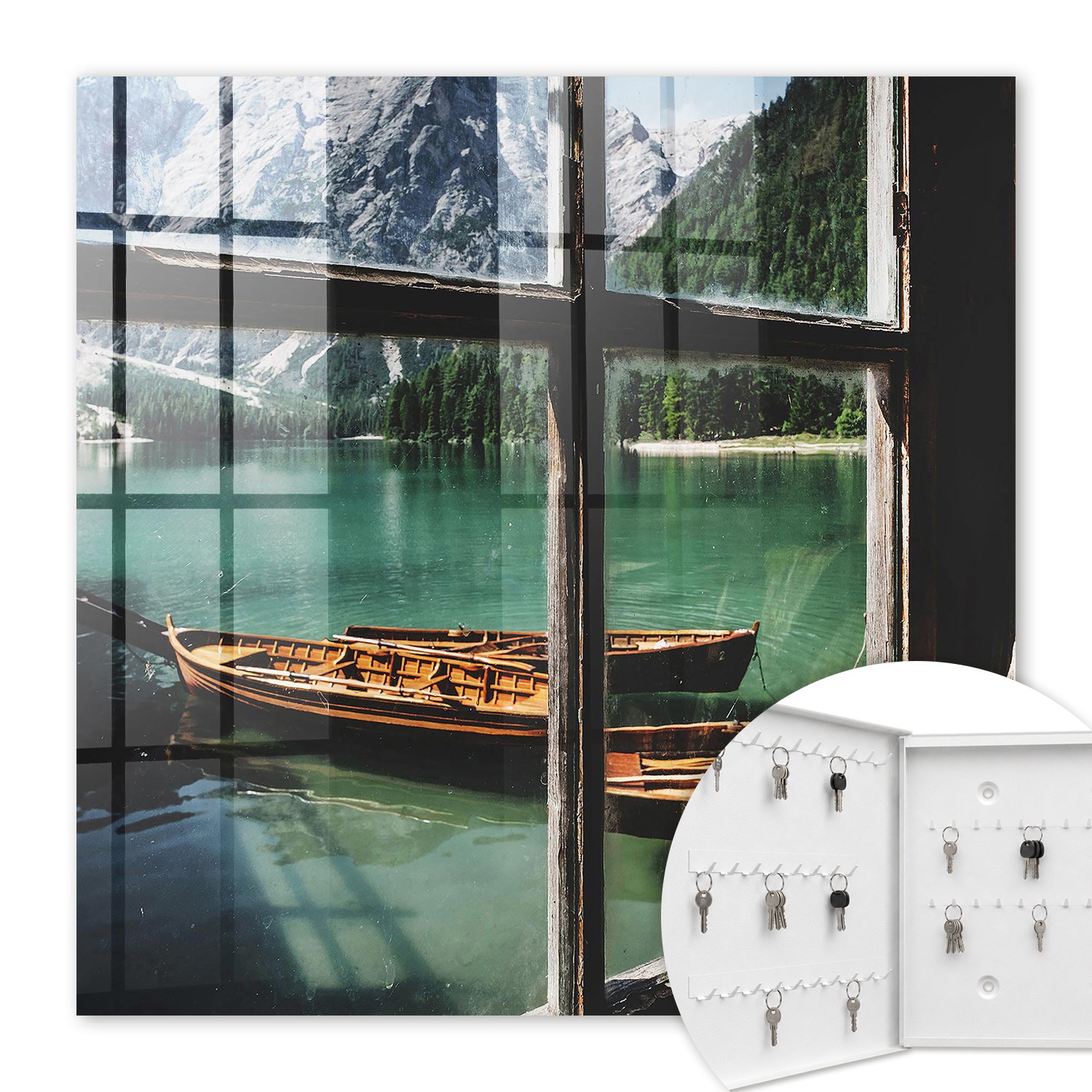 Armoire À Clés - (30 Cm X 30 Cm) - Boîte À Clés Murale - Coffret De Rangement Pour Clés - Couleur Blanche - Ouverture Vers La Gauche - Pour Maison Et Bureau - Lac De Montagne