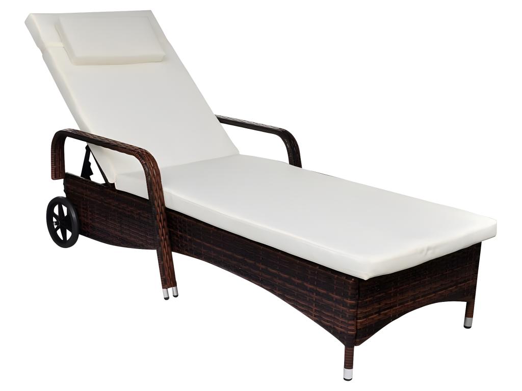 Transat Chaise Longue Bain De Soleil Lit De Jardin Terrasse Meuble D'extérieur Avec Coussin Et Roues Résine Tressée Marr