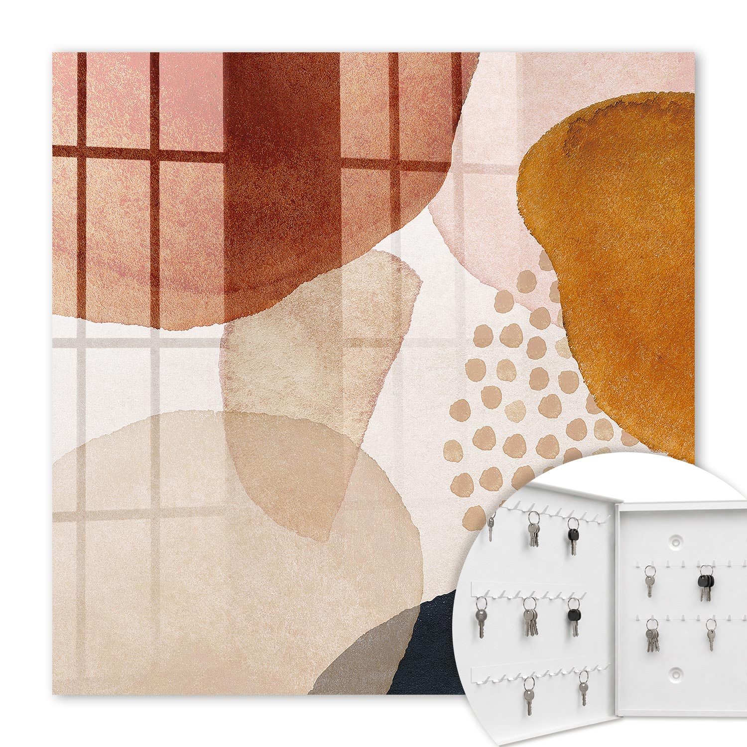 Armoire À Clés - (30 Cm X 30 Cm) - Boîte À Clés Murale - Coffret De Rangement Pour Clés - Couleur Blanche - Ouverture Vers La Gauche - Pour Maison Et Bureau - Taches Abstraites