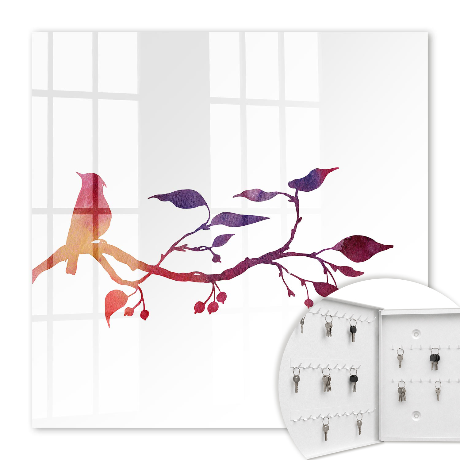 Armoire À Clés - (30 Cm X 30 Cm) - Boîte À Clés Murale - Coffret De Rangement Pour Clés - Couleur Blanche - Ouverture Vers La Gauche - Pour Maison Et Bureau - Une Branche Avec Un Oiseau