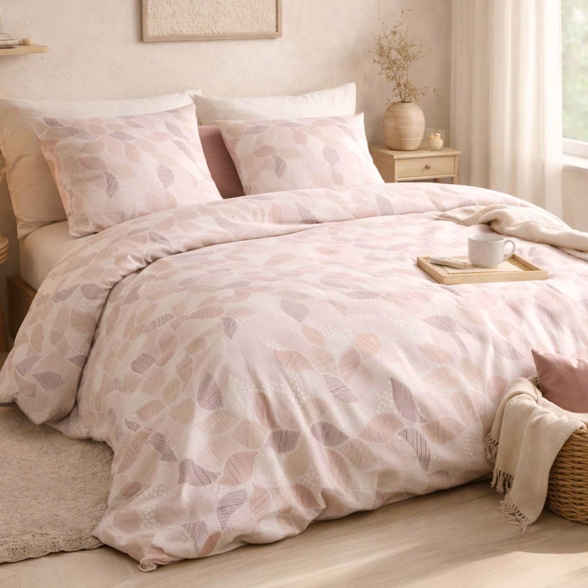Parure Housse De Couette 260x240cm + 2 Taies Motif Feuilles Rose Poudré 100% Coton - Lixia