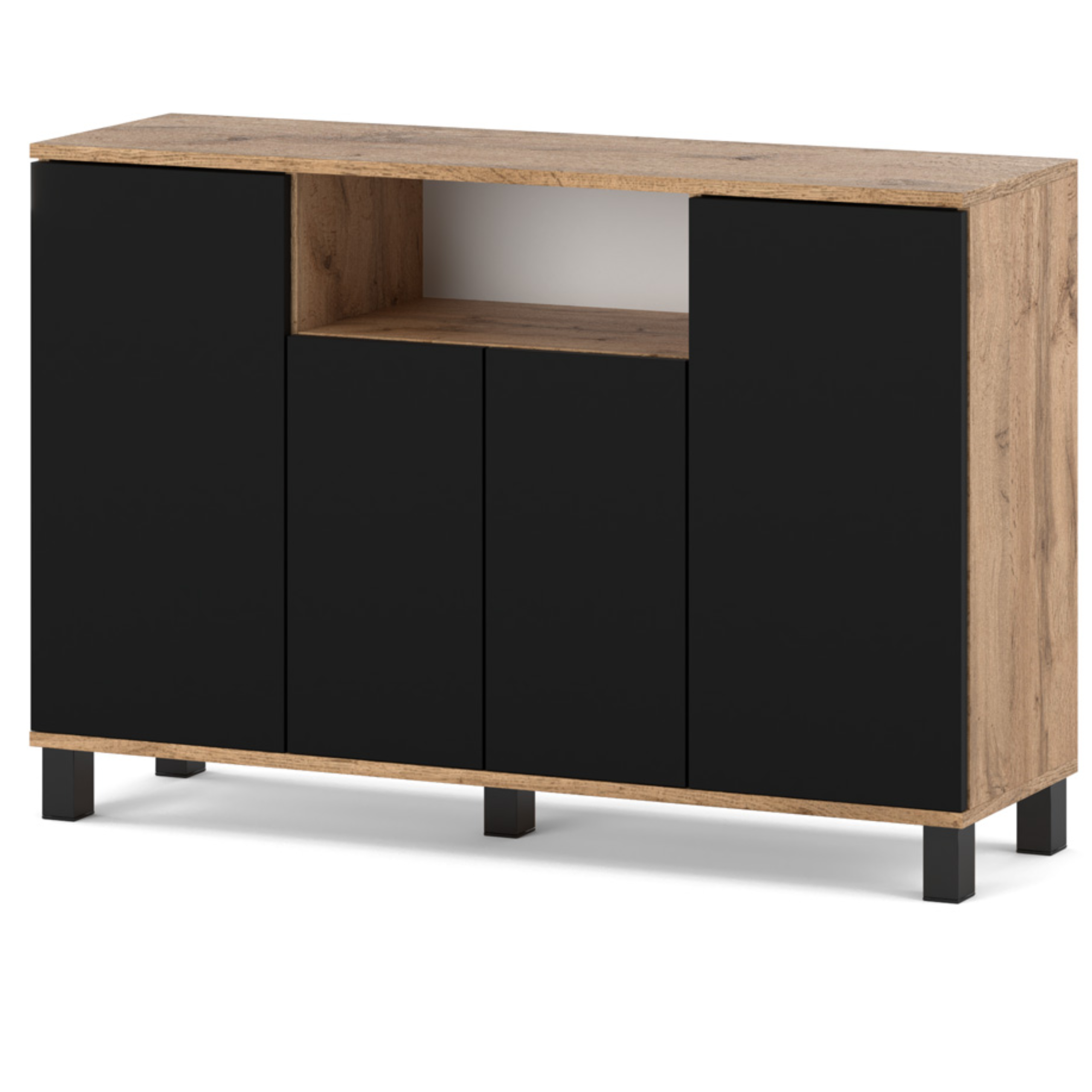 Commode Chêne Wotan+ Noir 120 Cm 4 Portes - Meuble Tv Moderne Pour Salon Et Chambre - Buffet De Rangement Design