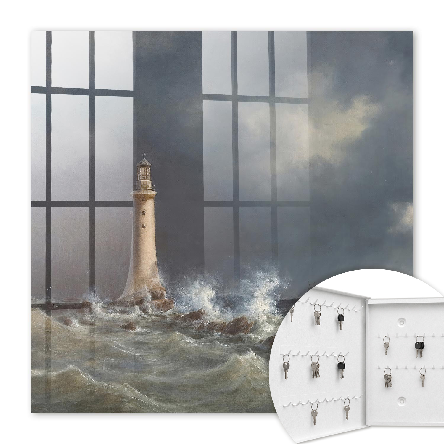 Armoire À Clés - (30 Cm X 30 Cm) - Boîte À Clés Murale - Coffret De Rangement Pour Clés - Couleur Blanche - Ouverture Vers La Gauche - Pour Maison Et Bureau - Mer Agitée