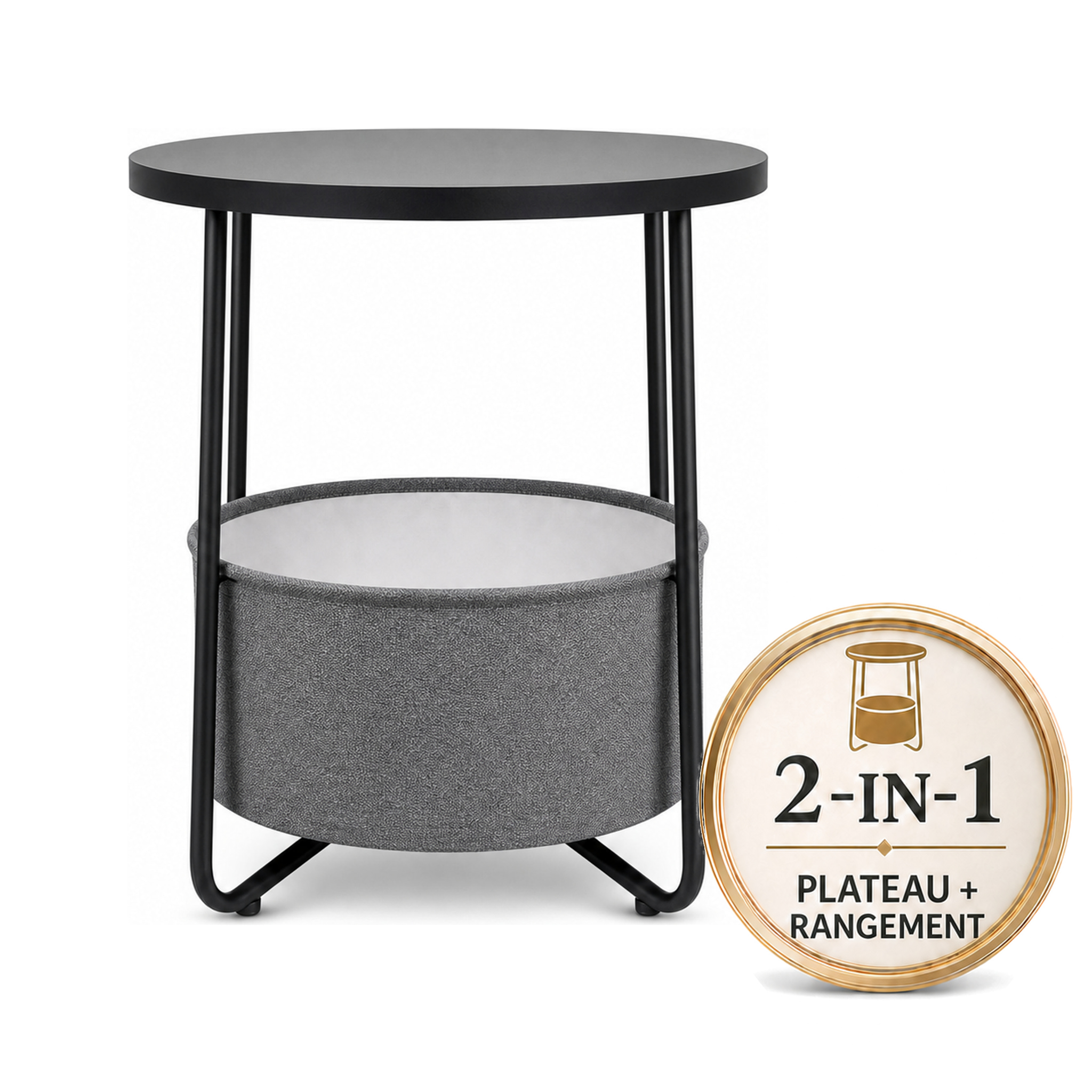 Table D'appoint Luca Table Ronde Avec Panier En Tissu & Rangement Noir