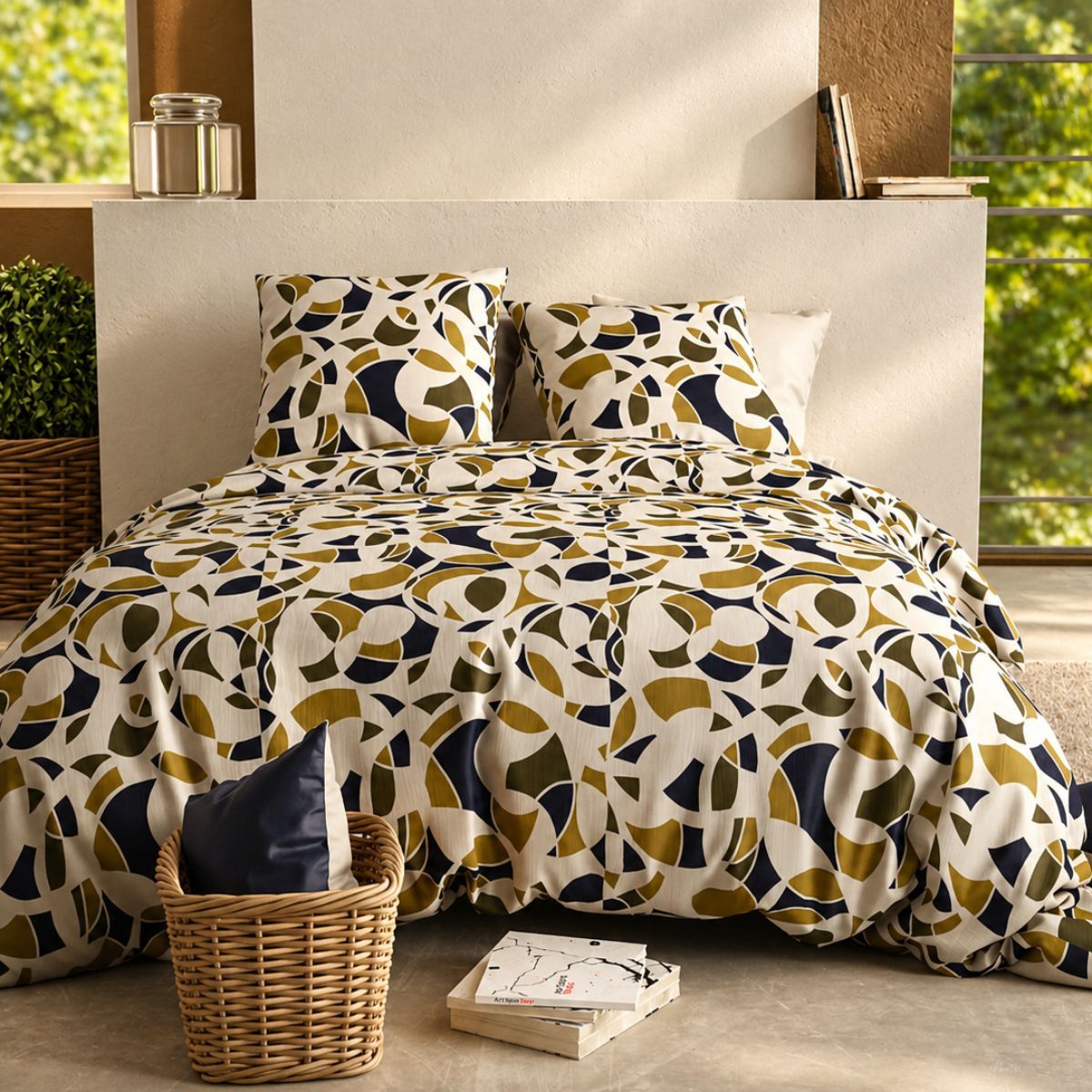 Parure Housse De Couette 240x220cm + 2 Taies Motif Ethnique Ecru Et Kaki 100% Coton - Leekyo