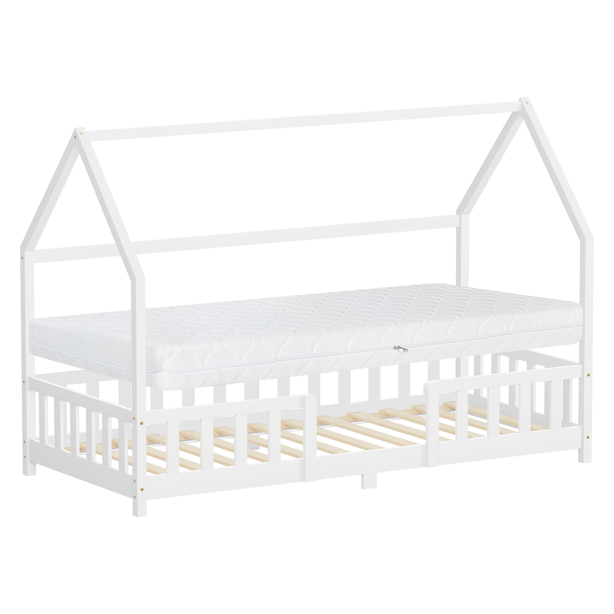 Ml-design Lit Cabane Enfant 90x200cm Blanc Bois De Pin Avec Matelas H16cm, Antichute, Toit Et Sommier À Lattes, Style Maison, Couchage Au Sol Maisonnette Lit Simple Pour Fille Garçon Chambre À Coucher