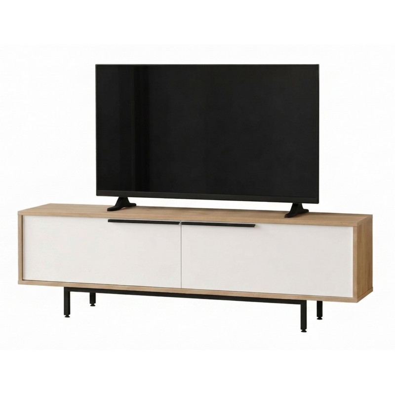 Meuble Tv Beaux Meubles Pas Chers 65 Pouces 2 Portes 2 Niches Chêne Blanc Bois Métal