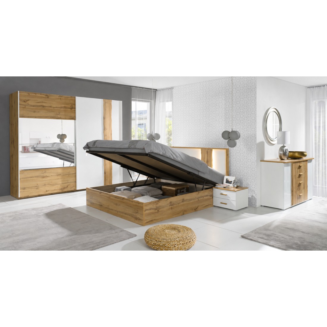 Chambre Complète Wood Avec Lit Coffre 160 X 200 Cm Led, Armoire 250 Cm, Commode Et Chevets - Chêne Et Blanc