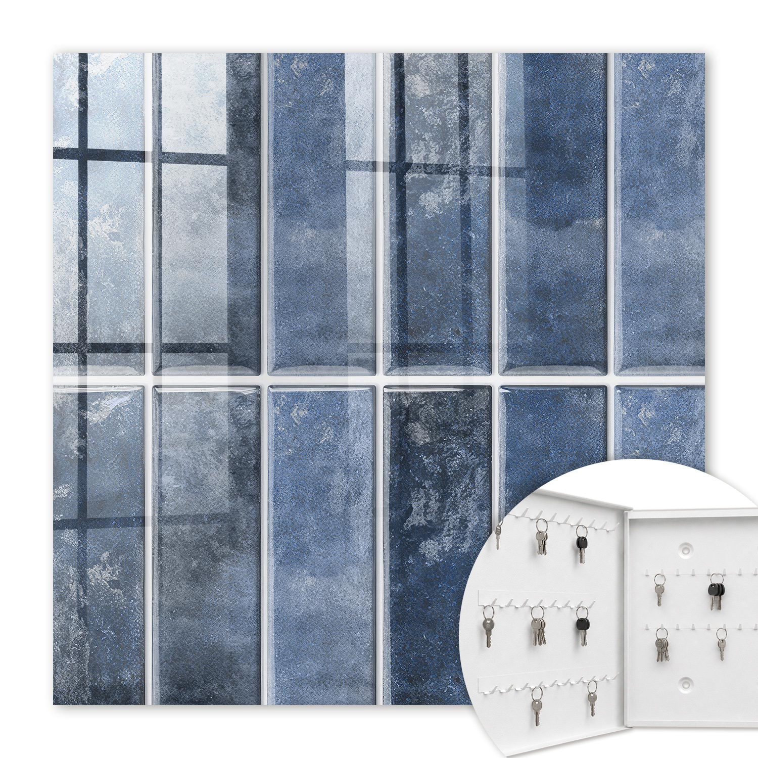 Armoire À Clés - (30 Cm X 30 Cm) - Boîte À Clés Murale - Coffret De Rangement Pour Clés - Couleur Blanche - Ouverture Vers La Gauche - Pour Maison Et Bureau - Carreaux Bleus