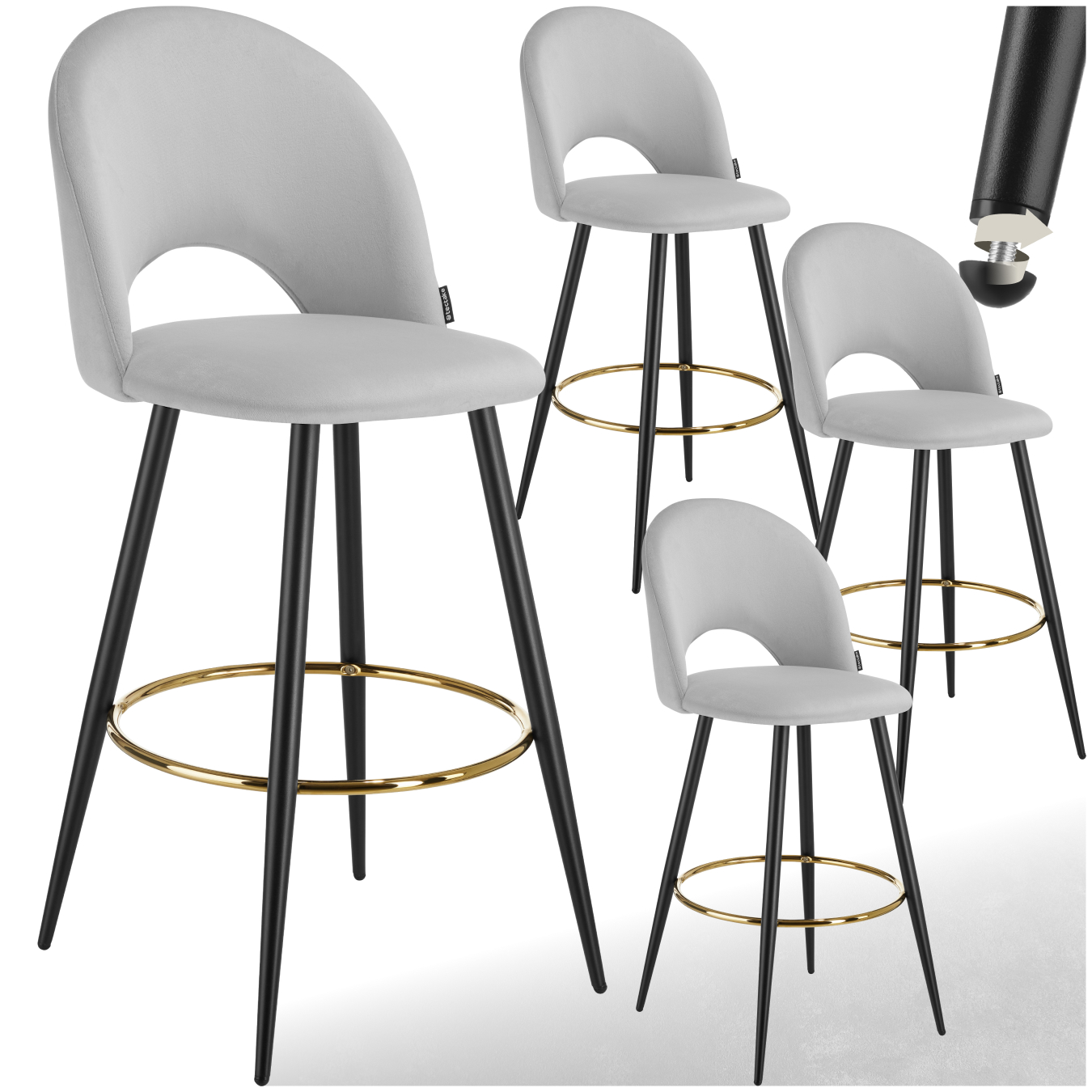 Lot 4 Chaises De Bar Aspect Velours Rembourré Gris Clair