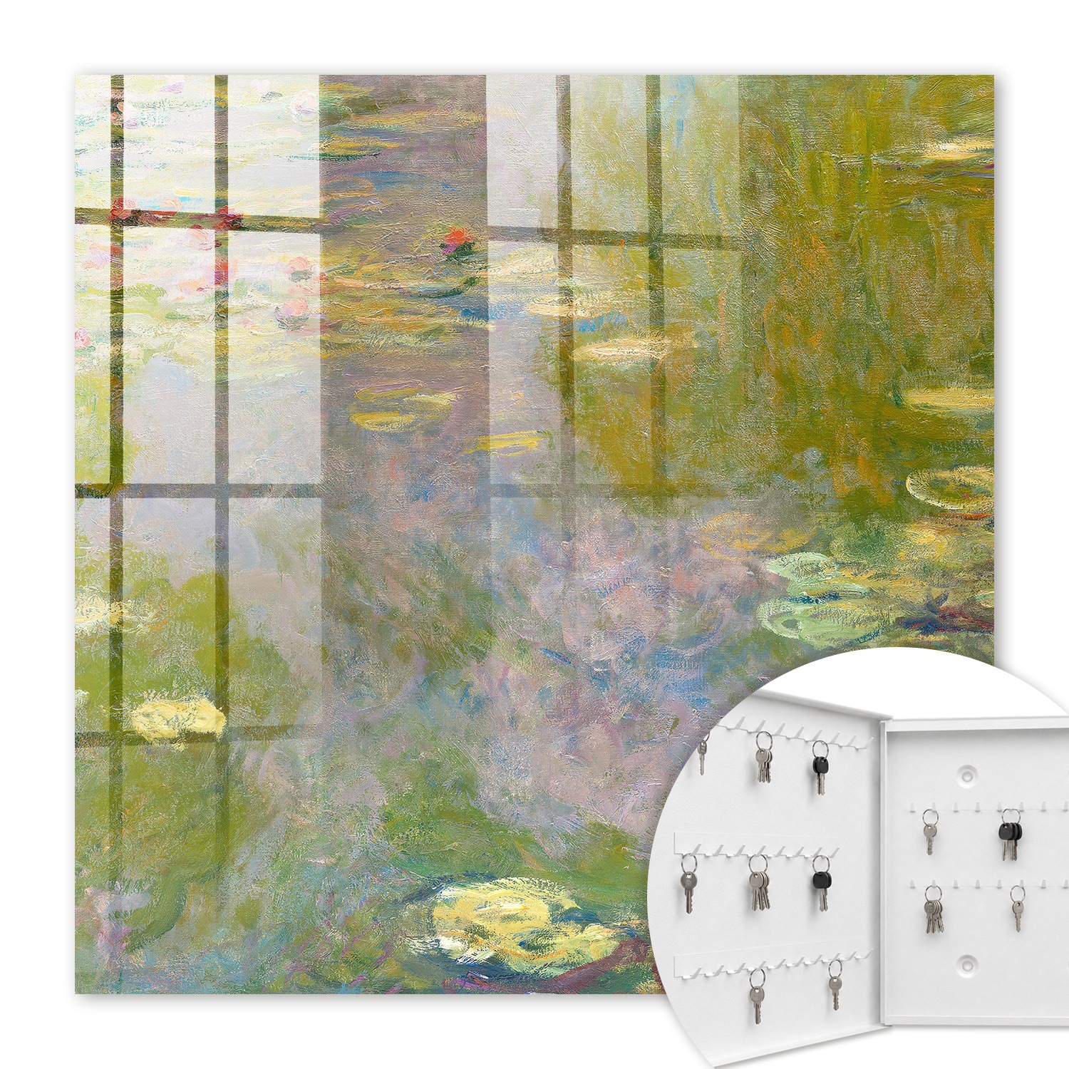 Armoire À Clés - (30 Cm X 30 Cm) - Boîte À Clés Murale - Coffret De Rangement Pour Clés - Couleur Blanche - Ouverture Vers La Gauche - Pour Maison Et Bureau - Les Nymphéas De Claude Monet