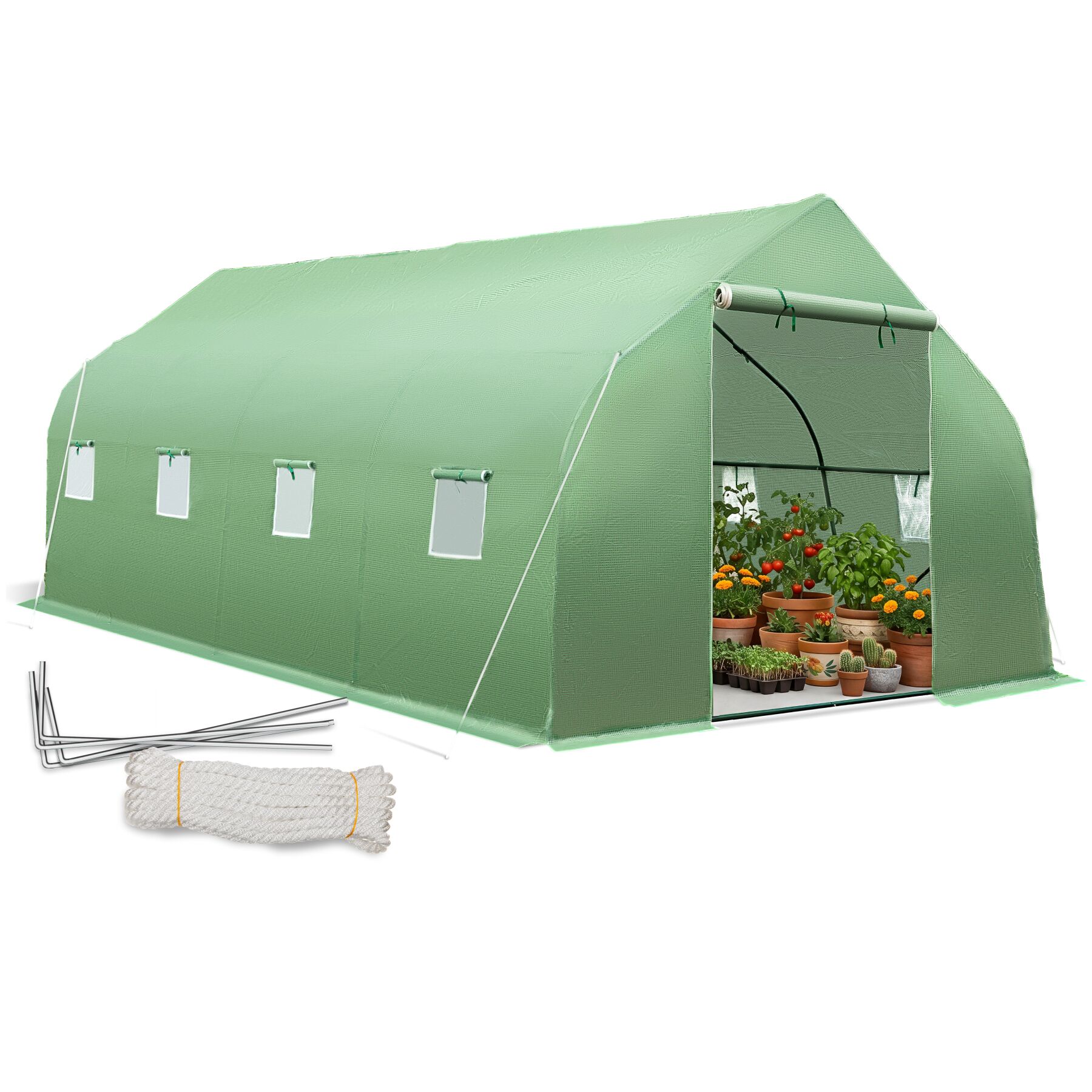 Serre Tunnel 18 M² En Plastique Vert Avec 8 Fenêtres 600x300x205 Cm
