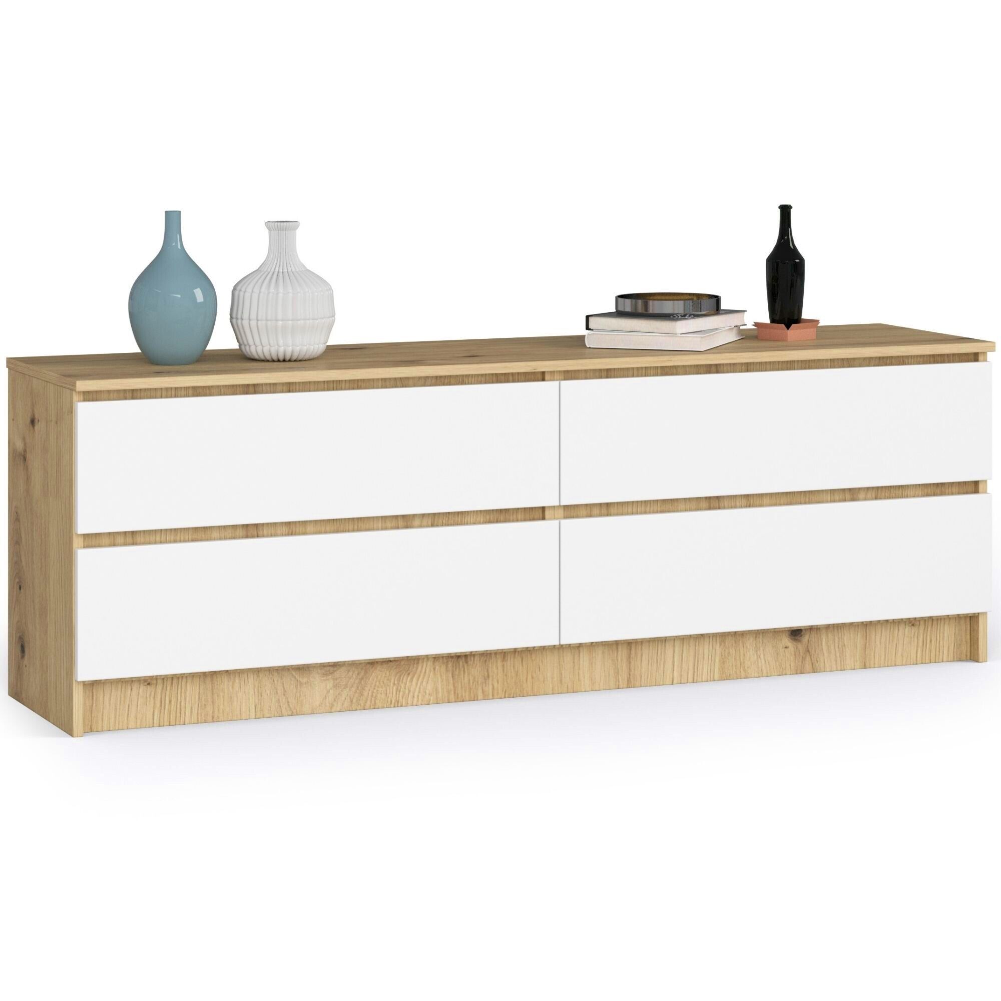 Grande Commode Pour Le Salon Akord K160 Chêne Artisan 160 Cm 4 Tiroirs Façade Blanche 160x40x55 Cm