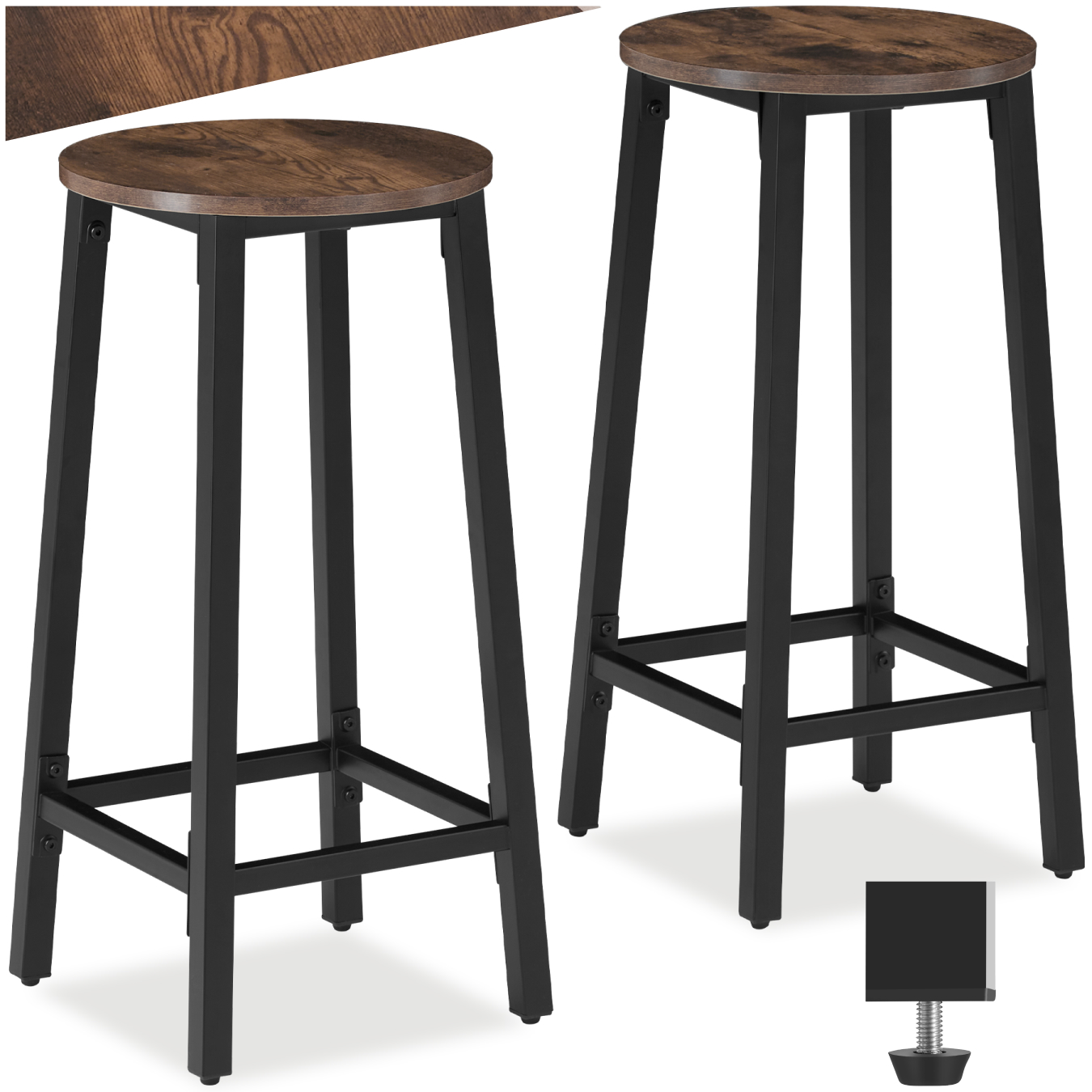 Lot De 2 Tabourets De Bar En Bois Et Acier Hauteur 66 Cm Bois Foncé
