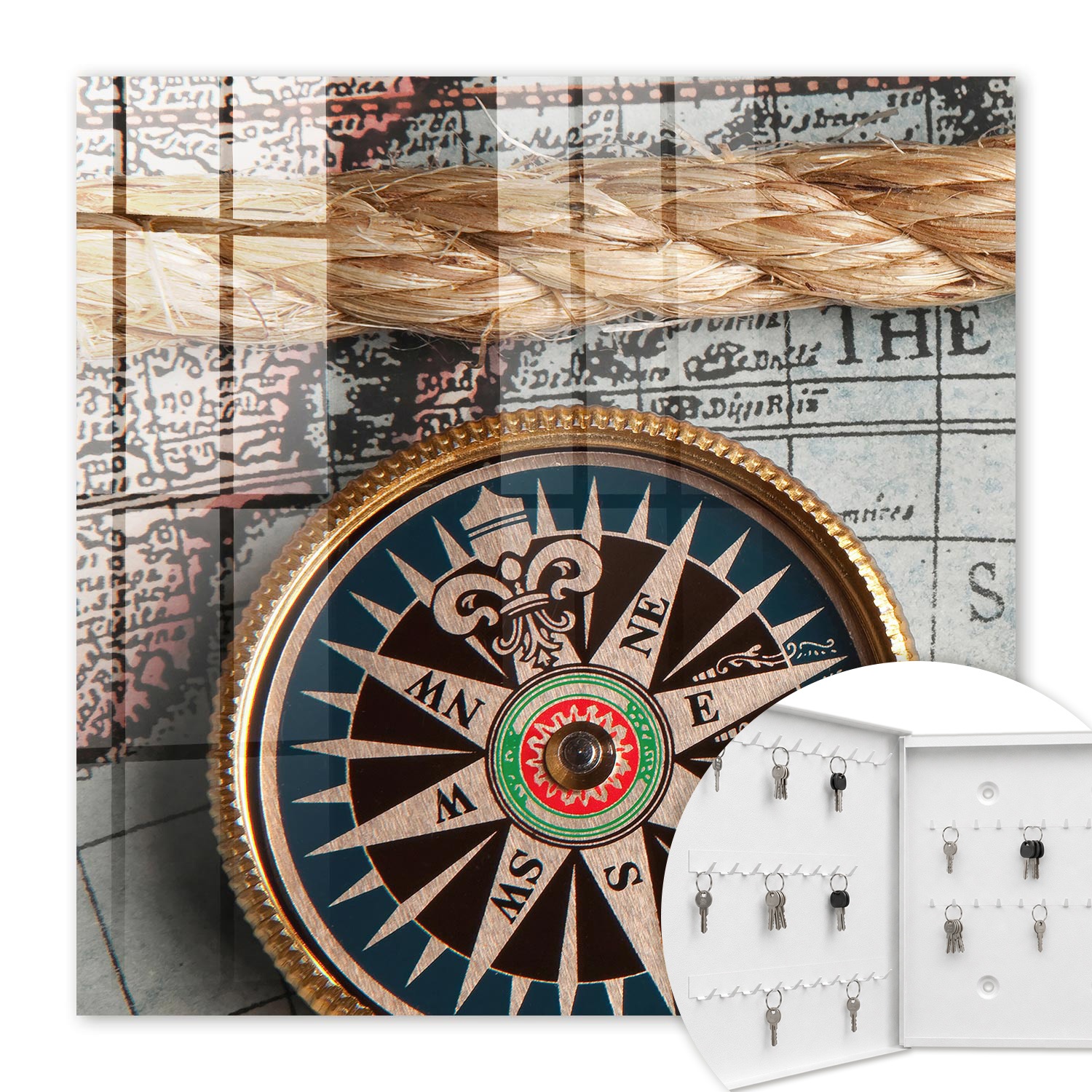 Armoire À Clés - (30 Cm X 30 Cm) - Boîte À Clés Murale - Coffret De Rangement Pour Clés - Couleur Blanche - Ouverture Vers La Gauche - Pour Maison Et Bureau - Carte De Voyage