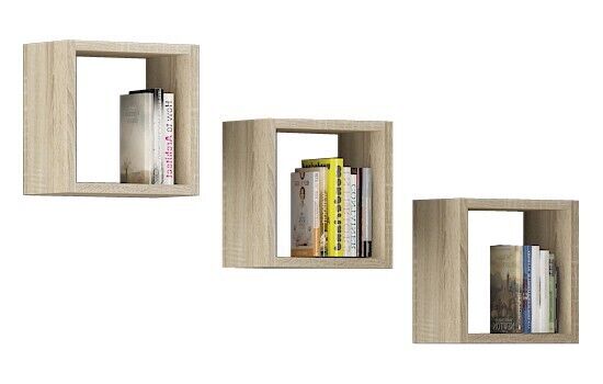 Ensemble De 3 Etagères Carrées Akord, 25 Cm, Avec Fixation Invisible Chêne Sonoma 25 Cm Façade Chêne Sonoma 3 Étagères