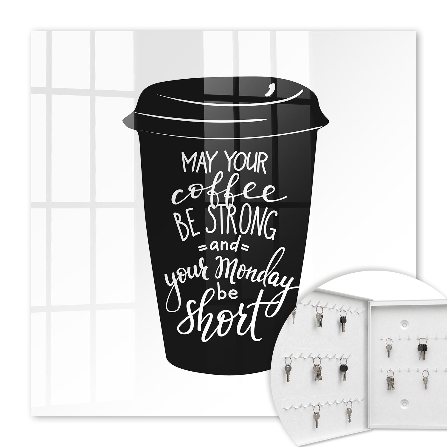 Armoire À Clés - (30 Cm X 30 Cm) - Boîte À Clés Murale - Coffret De Rangement Pour Clés - Couleur Blanche - Ouverture Vers La Gauche - Pour Maison Et Bureau - Café Et Humour