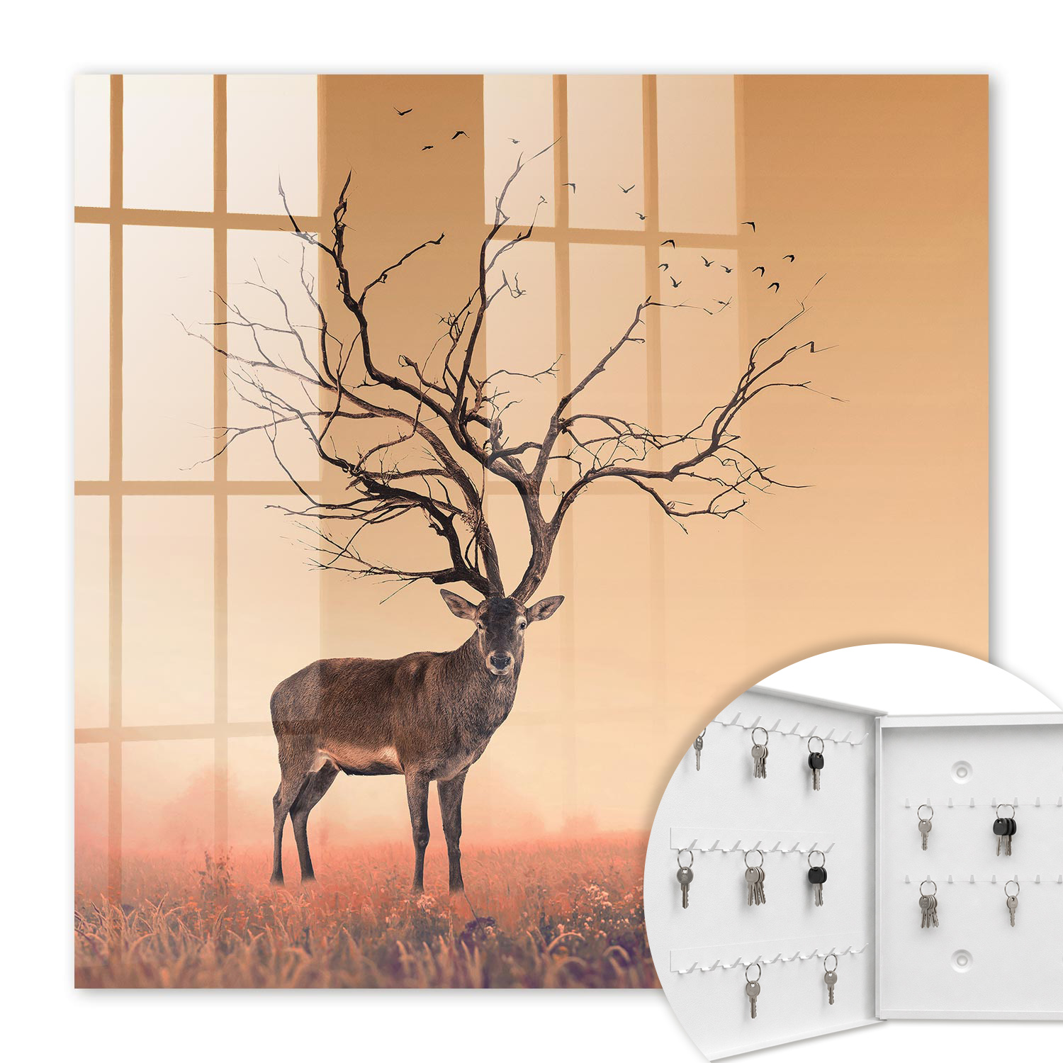 Armoire À Clés - (30 Cm X 30 Cm) - Boîte À Clés Murale - Coffret De Rangement Pour Clés - Couleur Blanche - Ouverture Vers La Gauche - Pour Maison Et Bureau - Cerf Magique