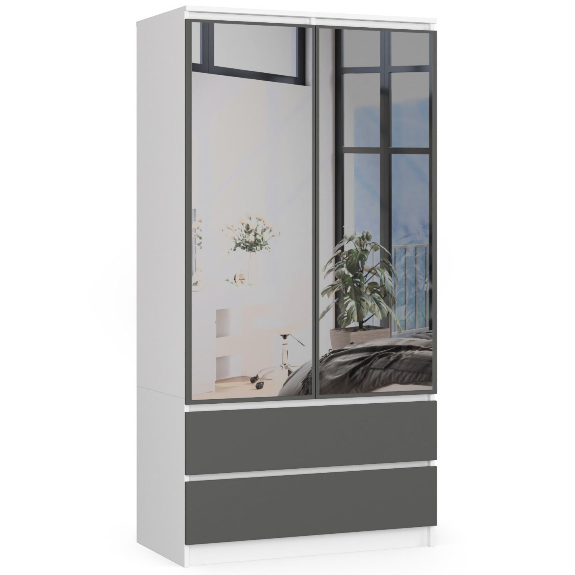 Armoire Akord S90 Blanche 90 Cm 2 Portes 2 Tiroirs Façade Gris Graphite 4 Étagères 90x51x180 Cm