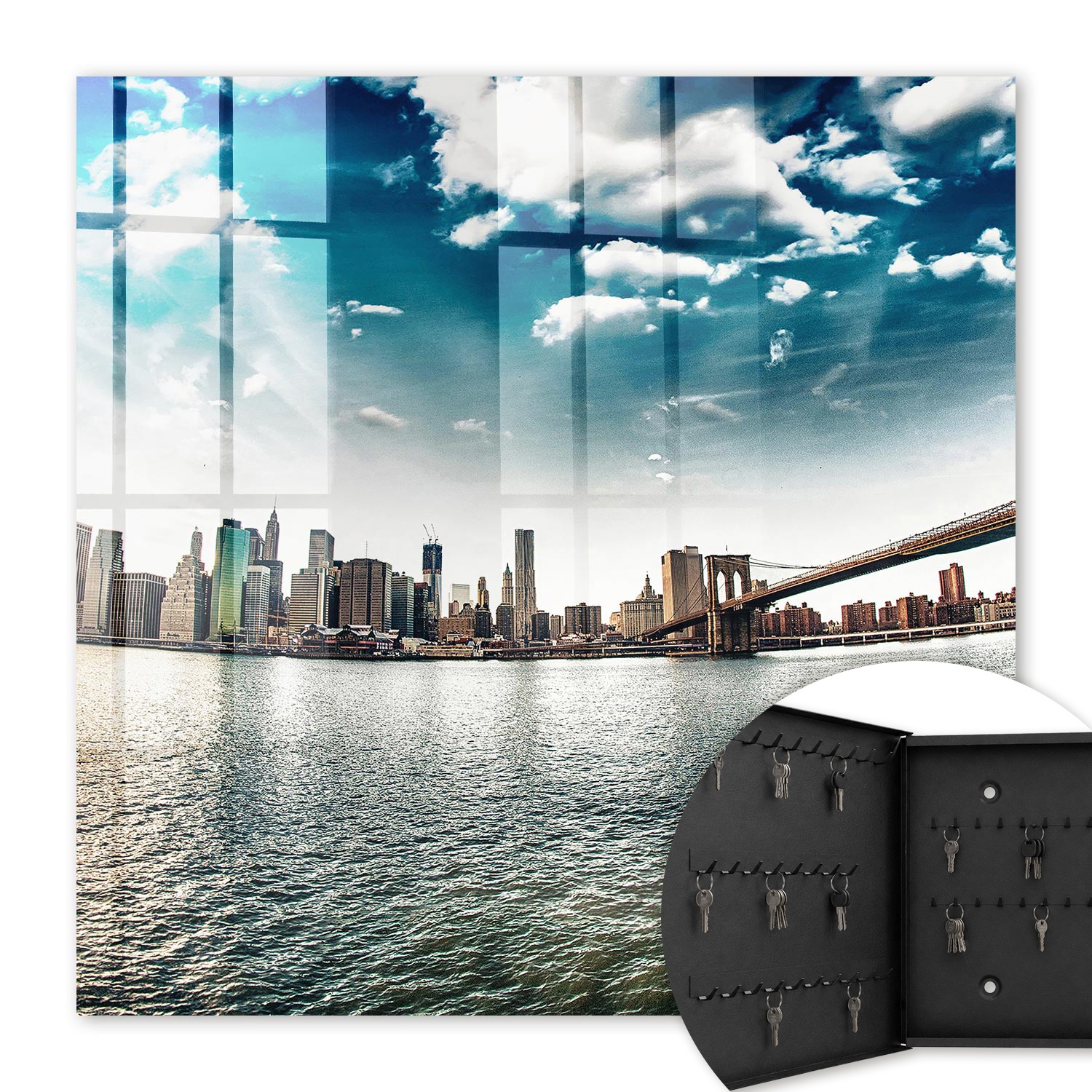 Armoire À Clés - (30 Cm X 30 Cm) - Boîte À Clés Murale - Coffret De Rangement Pour Clés - Couleur Noire - Ouverture Vers La Gauche - Pour Maison Et Bureau - Panorama De La Ville