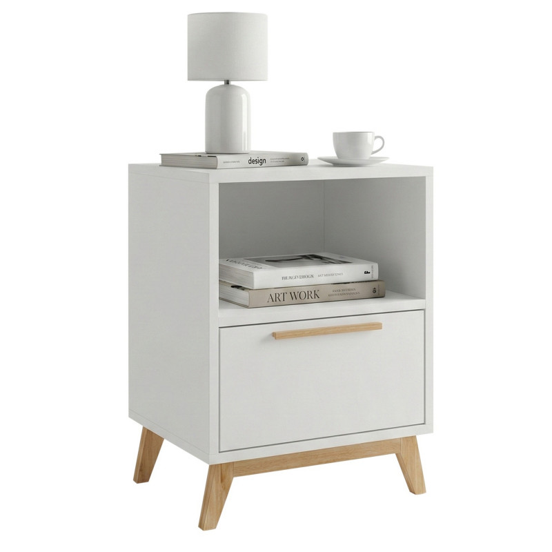 Chevet Blanc 1 Tiroir 1 Niche Pieds Pin Massif L 38.2 H 51 P 35.1 Cm