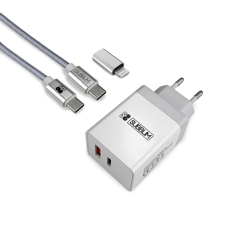 Chargeur Mural Ultra Rapide Subblim 2xusb Pd25w + Qc3.0 + Cable Lightning C Vers Cy Blanc