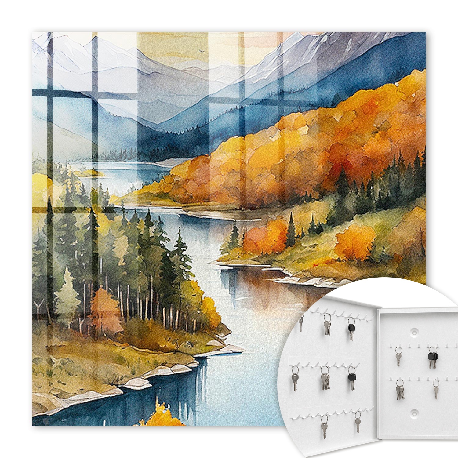 Armoire À Clés - (30 Cm X 30 Cm) - Boîte À Clés Murale - Coffret De Rangement Pour Clés - Couleur Blanche - Ouverture Vers La Gauche - Pour Maison Et Bureau - Automne En Montagne