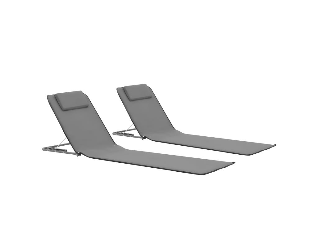 Tapis De Plage Chaise Longue Pliables 2 Pièces Acier Et Tissu Gris 02_0012183
