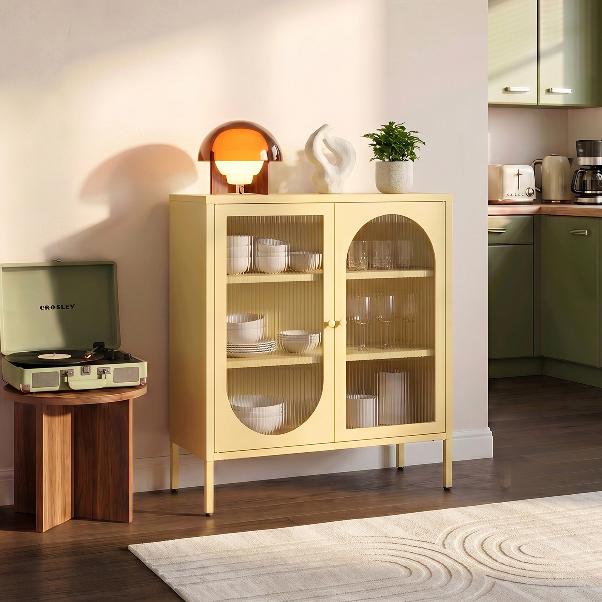 Sicaan Buffet Industriel En Métal 2 Portes, Jaune Pastel Et Verre Cannelé 80 Cm Kurt