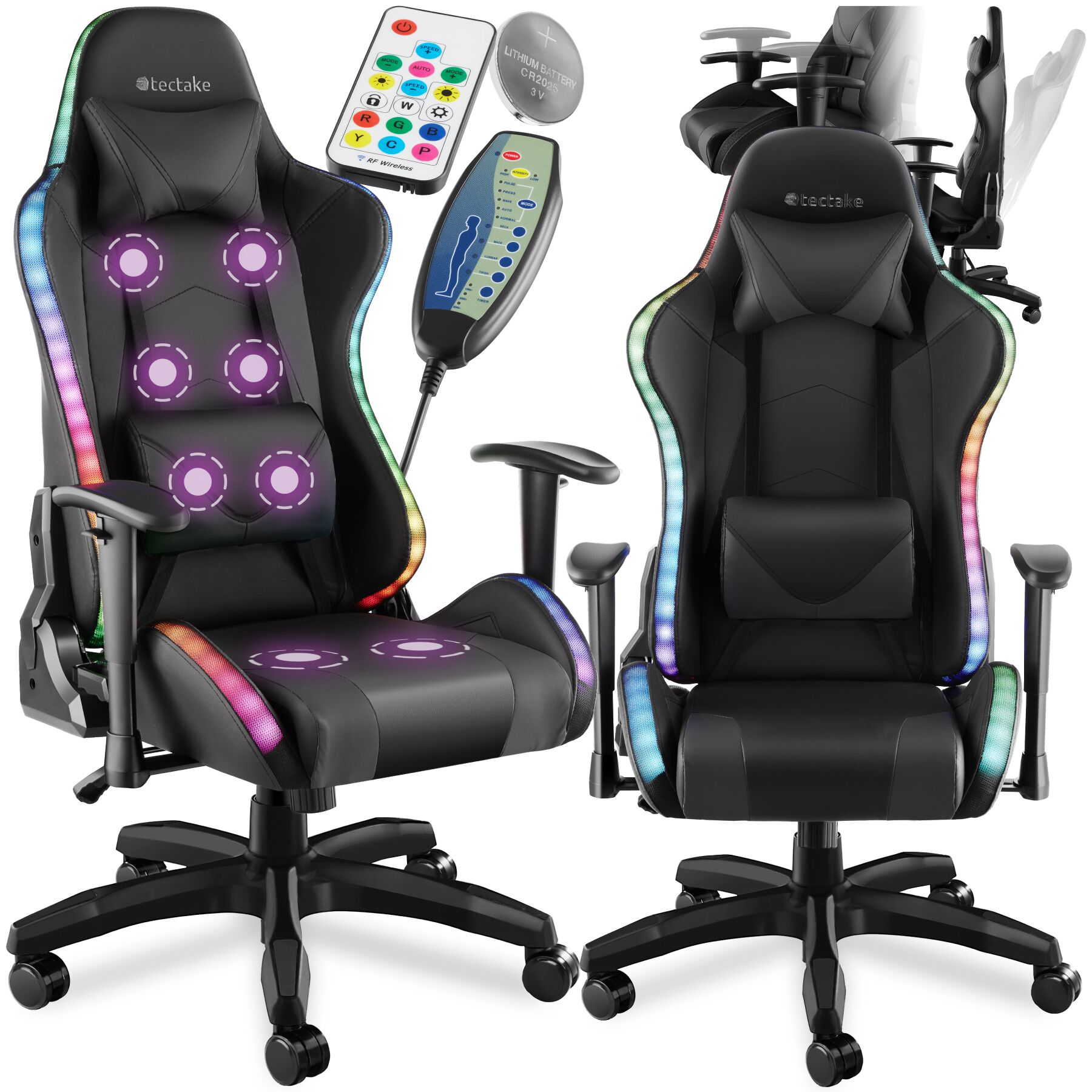 Chaise De Gaming Dossier Réglable Avec Fonction Massage Et Led Noir